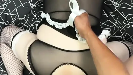 Caged sissy gets bred after some ball slapping and pussy eating