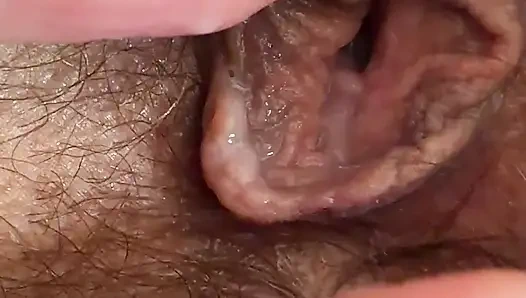 My wife wet pussy, closeup hairy cunt