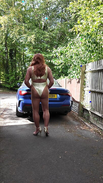 Sexy Crossdresser kellycd2022 in my white and gold swimsuit and heels