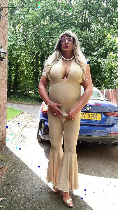 Sexy Crossdresser kellycd2022 in gold stretchy catsuit and heels