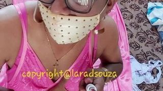 Indian sexy crossdresser Lara D'Souza in pink satin nighty