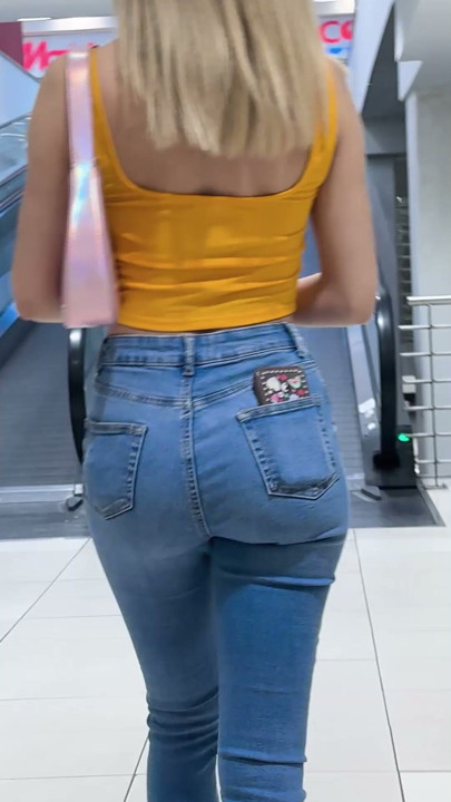 Wetting jeans in shopping mall Pee and Mouth Piss
