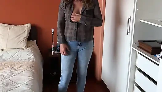 Stepmother pulls down her jeans and starts touching herself so I can masturbate.