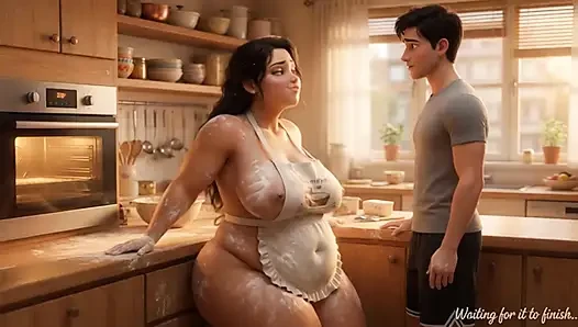 Curvy Latina bakes naked under tiny apron while her young stepson watches every move (AI generated)