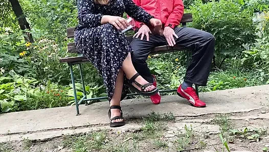 Mature stepmom milks my dick outdoors in the park