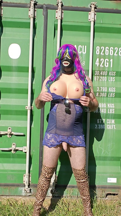Gigantic fake tits crossdresser in lingerie masturbating outside | Clip 1