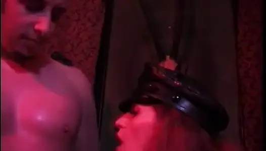Handsome guy punished hard by two crazy bitches in dark place