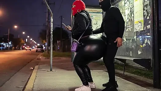 Big Ass Latina in Tight Leather Pants at Bus Stop Strips to Black Leather Thong