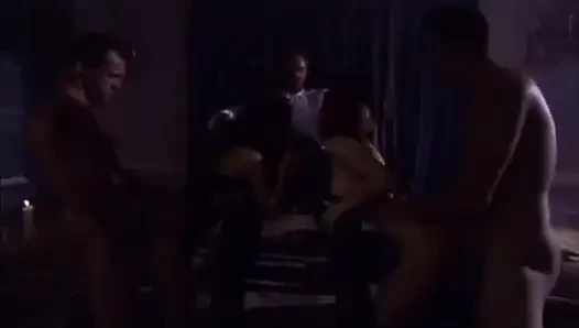 Three cocks two chicks in hardcore fucking on floor