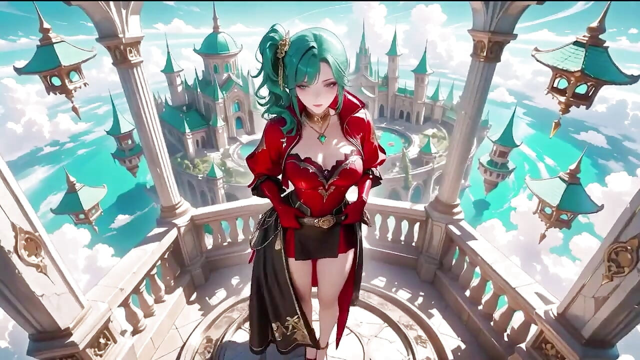 The Red-clad Blade's Private Tease! Green-haired Warrior in a Black-red Battle Robe, Commanding yet Shy on the Floating Terrace.