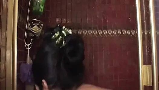 Bollard Grinding Slut Drools in Lesbian Shower Orgy