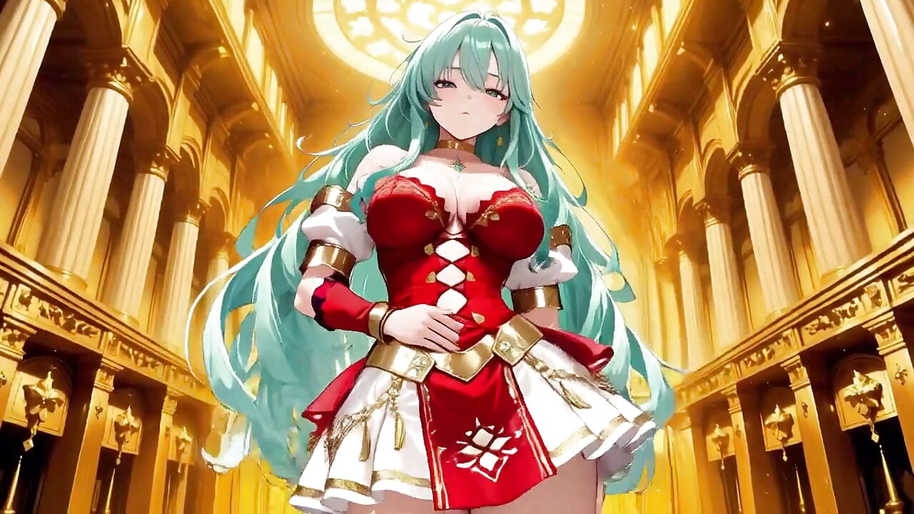Golden Hall Fantasy! Green-haired Knight in Red-white Armor Kneeling, Teasing with Floating Magic Books - Divine Meets Carnal!