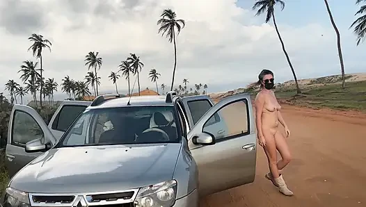 Naked Busty Blonde Walks by Car on Public Road