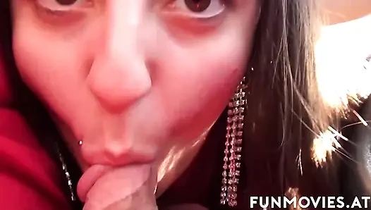 MILF plays with cock in the car