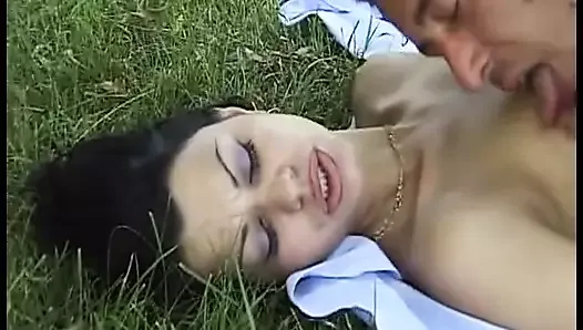 Superb German babe eating cum after fucking in the backyard