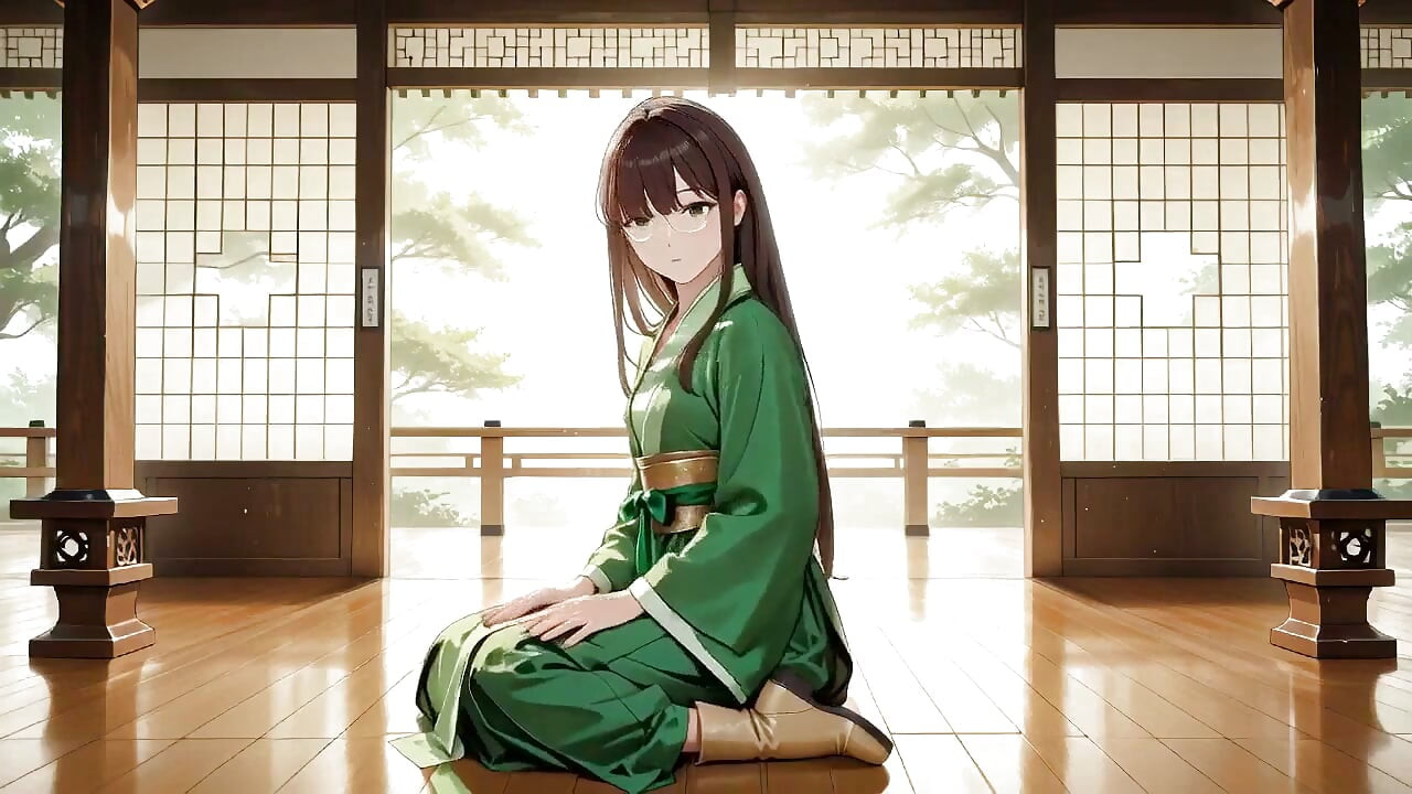 Mit einer Short auf der tatami knien, ihre Augen sind hakelig. Sonnenlicht trifft ihre nasse Haut, während sie von heiter nach verführerisch fährt.