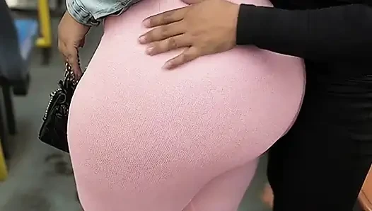 "Balaclava BBW Gets Ass  in Tight Shiny Pink Pants - Public Bus"