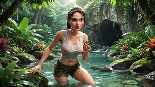 Lara Croft Amazon hazinesini keşfediyor ve altın mağaralarda güzel sarışın ata ruhunu kucaklıyor