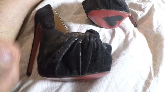 Precum all over black suede platforms