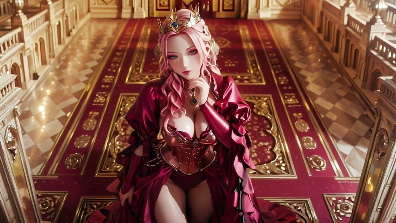 The Pink Queen's Coronation! Deep red silk, golden goblet, and a lazy gaze from the throne. Pure fantasy.