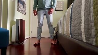 Barefoot in jeans and taking my cock out and showing and playing with it