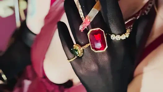 Red Leather & Cigarettes! Tina Snua Smoking A Cigarette Wearing Black Sheer Gloves & Jewelry