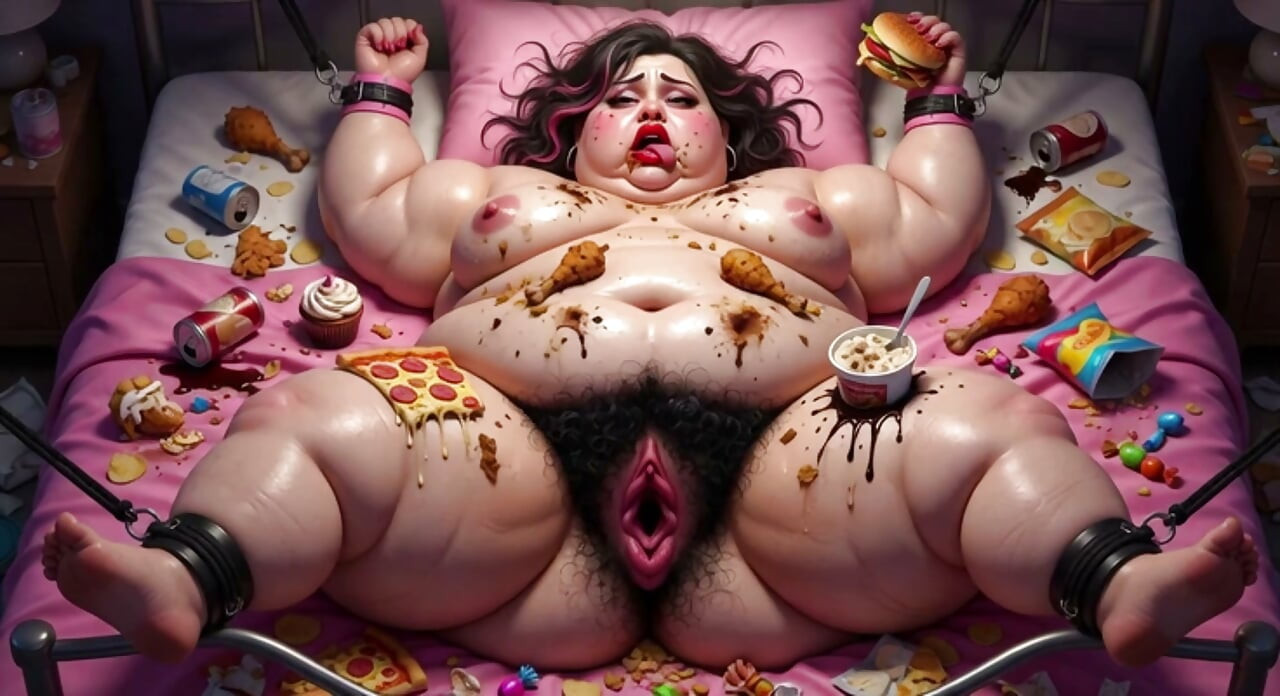Obese BBW in Bondage Surrounded by Food - Begging for Huge Dick Inside Her