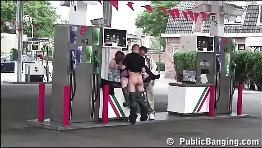 A pregnant girl PUBLIC gas station gang bang threesome group