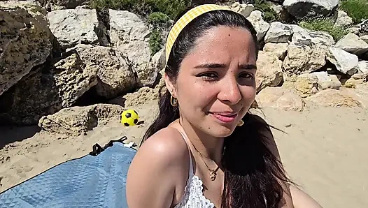 Stepsister has sex on nudist beach and gets a big cum dump inside her pussy