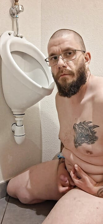 Public urinal licking squirt in
