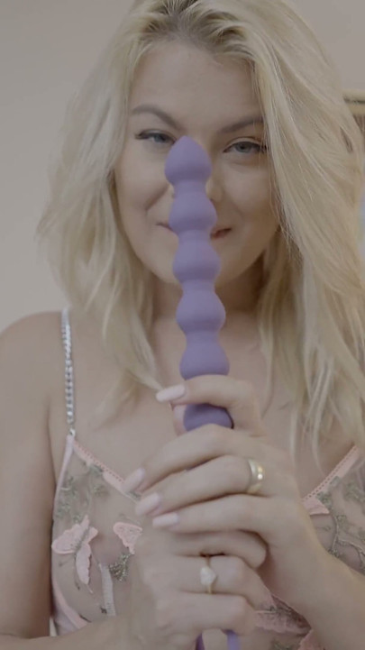 Blonde MILF Foot Rides Massive Beaded Dildo Deep
