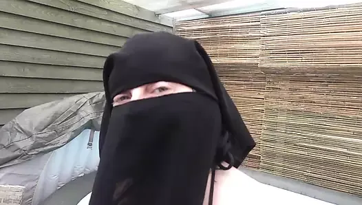 Sexy Big Breasts Wife Stripping in Niqab and String Bikini