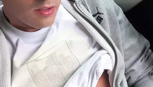 Really cute twink boy jerks off his stinky cheese-smeared penis outside in the car until he cums