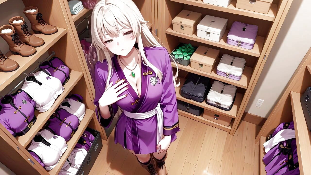 紫色和服戰士！日本道場的禁忌挑逗。跪著拿著劍，掀起她的下擺透露秘密。