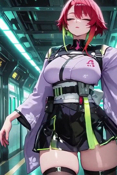 Neon tren arabasında ai-mor kimono baştan çıkarma, parmak uçları tasmaya dokunuyor, seni sırılsıklam bir bakış!