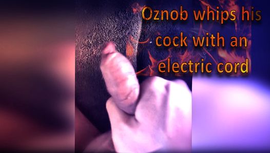 Amateurboy whips cock with electric cord