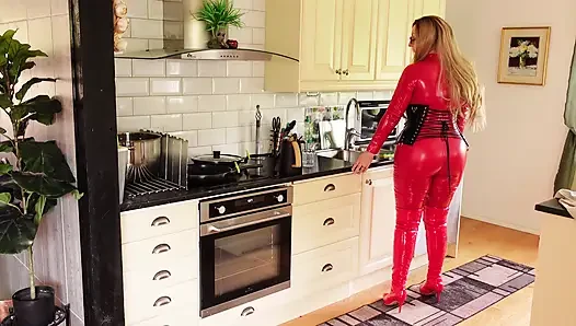 Try on Haul: Red Pvc Catsuit and Shiny Cotset, Curvy Body MILF Arya Grander