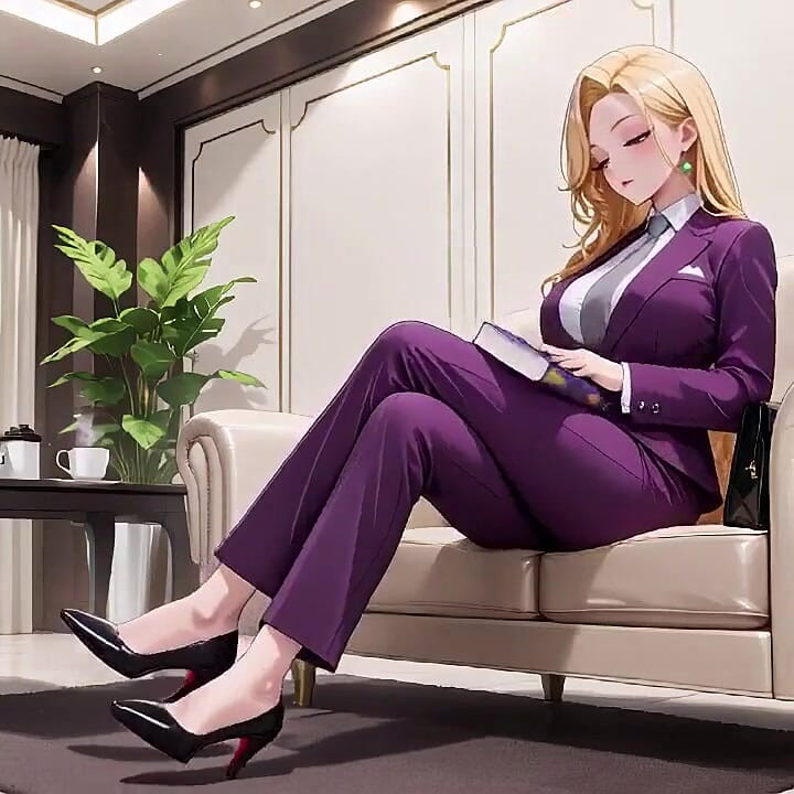 Blonde Boss in Purple Suit! Office Train Private Moments. She's Multitasking with Files While Secretly Adjusting Her Skirt...