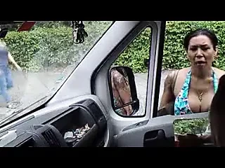 Dude wank at T-girls on car