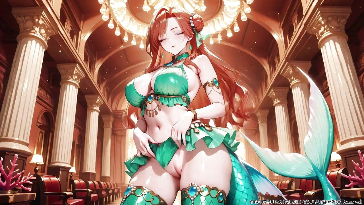 Princesa sirena pelirroja en su tour privado por el palacio submarino, bikini verde que abraza sus curvas, botas de tacón sobre la arena suave,