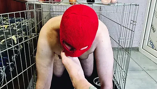Dominatrix Nika kölenin kafesten çıkmasına izin veriyor, böylece öpüşüyor, ayaklarını yalıyor, ayak parmaklarını emiyor.