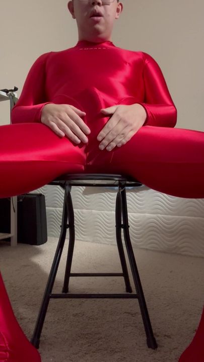 Red Amoresy Spandex Suit, Jerk Off with Condom and Cum