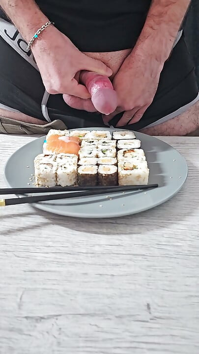 Hand Free Cum On Maki And Sushi