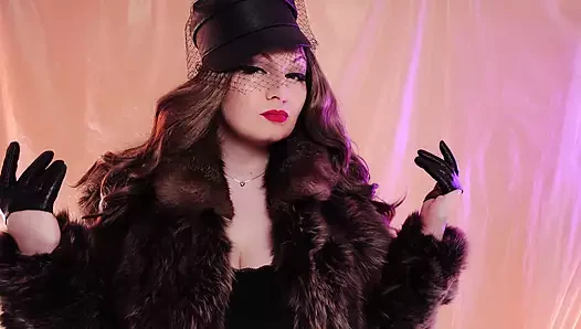 ASMR Mistress: fur coat fetish, clowly erotic movements and leather gloves close ups (Arya Grander)