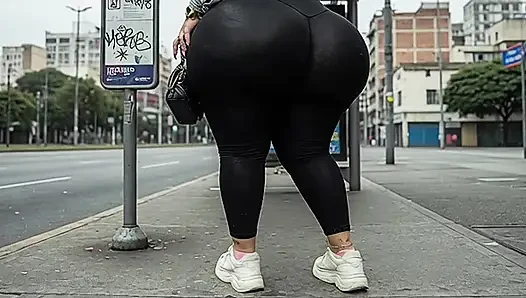 "Masked BBW Changes from Black Leggings to Tiny Thong at Public Bus Stop"