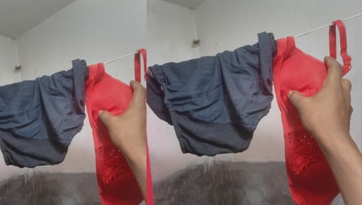 Looking at Bhabhi's 40 size bra and panty, the goods are out
