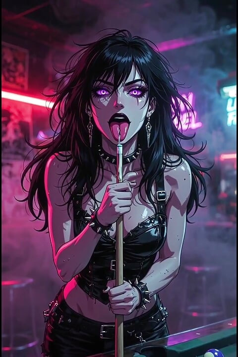 Tamna anime žena u baru na biliardima, rokerska koža
