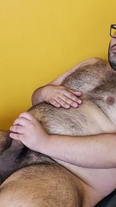 Fat hairy bear masturbates and ends up with cum everywhere | Clip 1