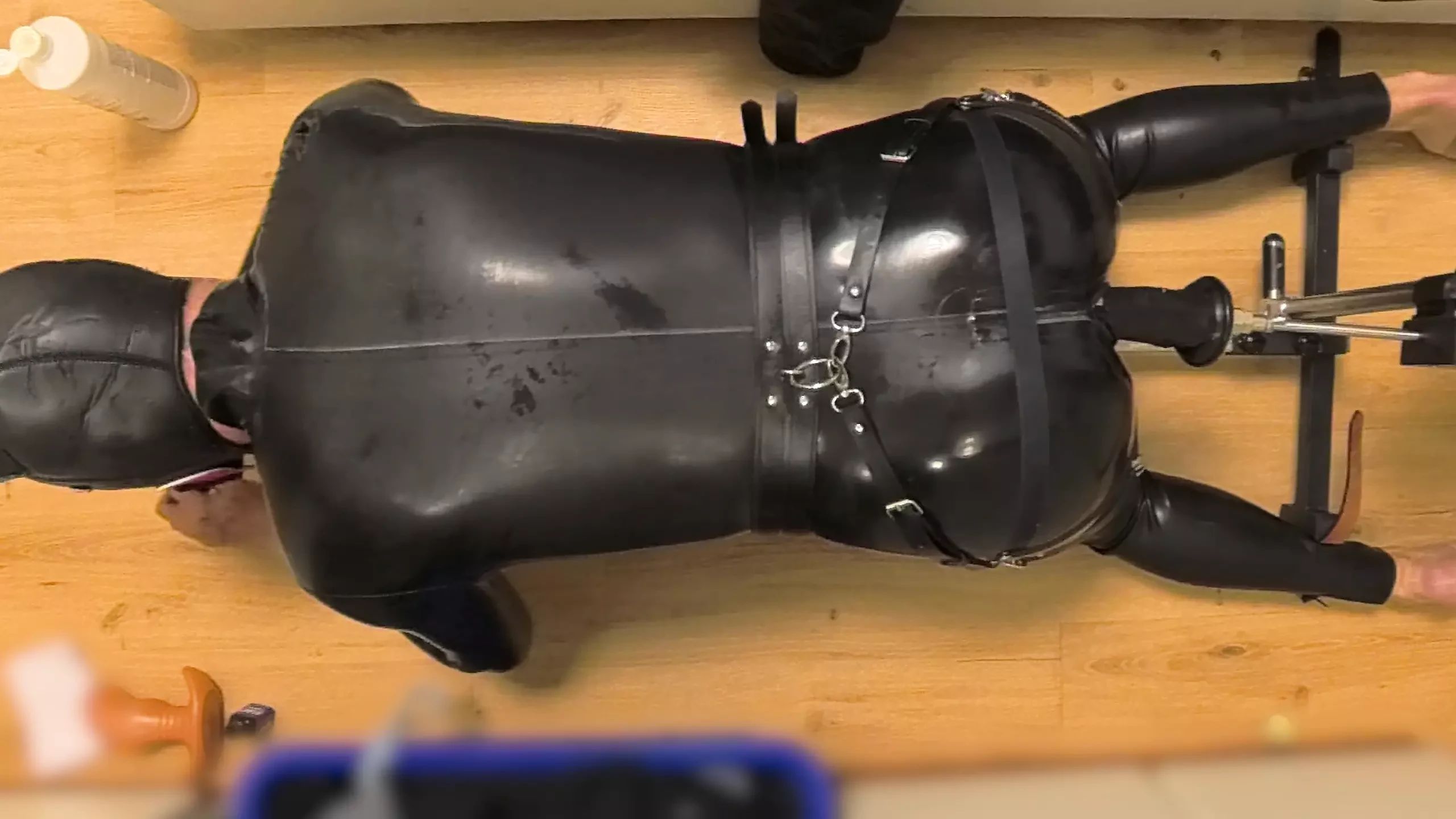 Latex Chastity Cage Sissy on Sex Machine Pillory and Double Dildo