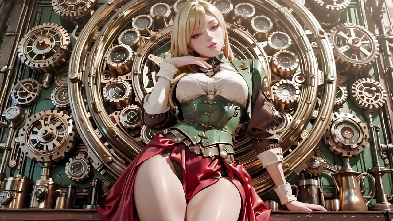 Steampunk Sarışın Sekreter! Dev dişlilerin arasında tembel pozlar, gözlüklerini ayarlarken baştan çıkarıcı bakışlar.